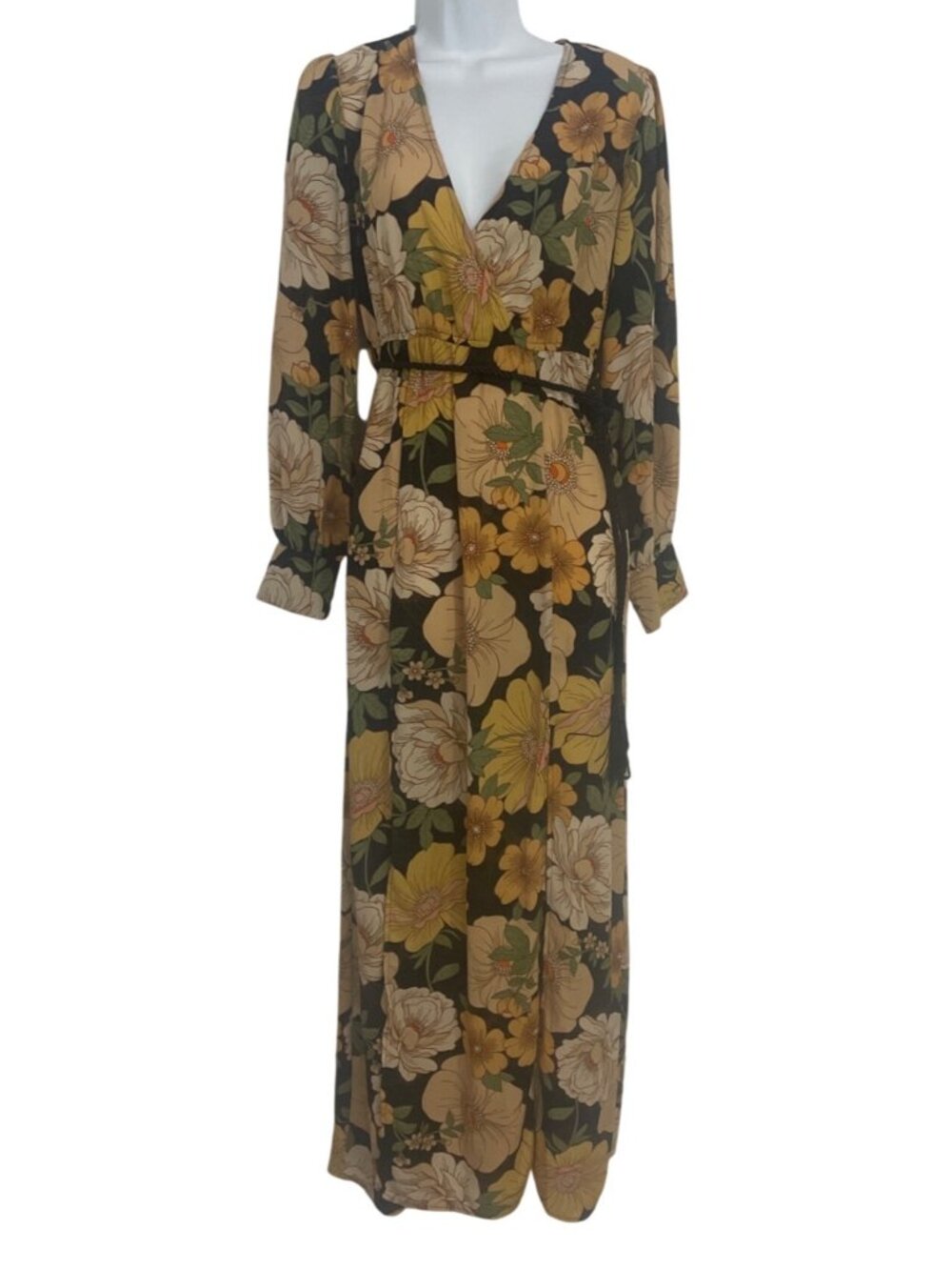 Forever 21 Womens Black Floral Long Sleeve Maxi‎ Dress Size S Boho Easter